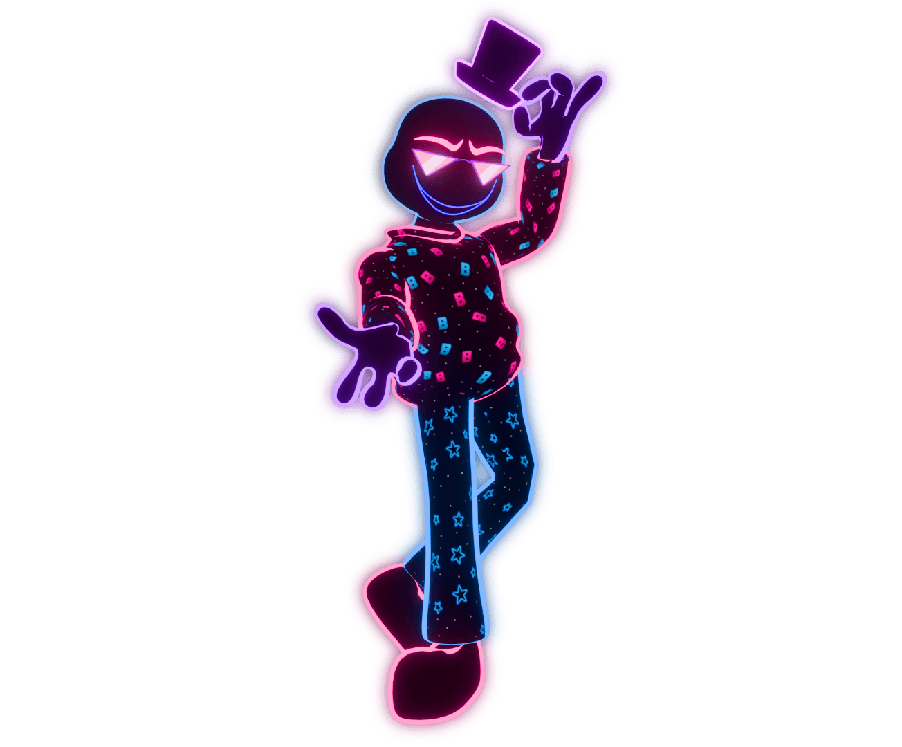 Buzzare's neon character tipping a top hat